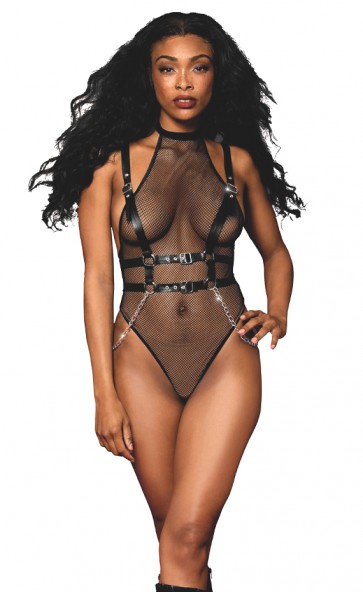 High Neck Fishnet Teddy and Harness Set