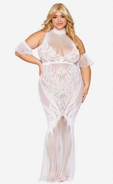 Fishnet Lace Pattern Bodystocking Gown Plus Size