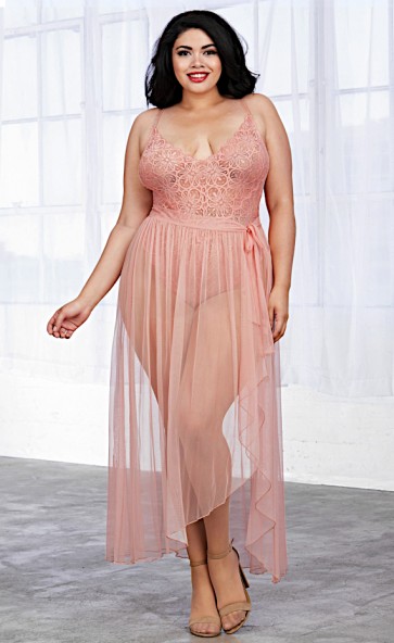 Lace Teddy & Sheer Maxi Skirt Set Plus Size