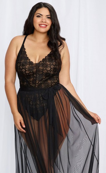 Mosaic Lace Teddy & Sheer Maxi Skirt Plus Size 