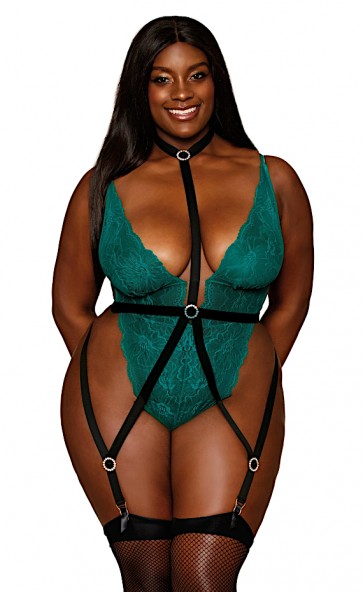 Plunging Lace Teddy and Harness Set Plus Size