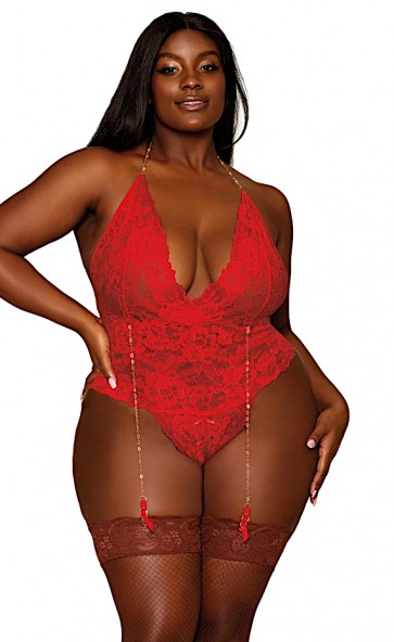 Lace Garter Teddy With Heart Chain Details Plus Size