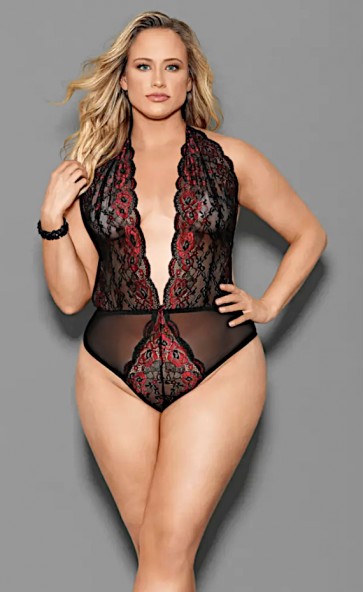 Two Tone Lace Halter Teddy Plus Size
