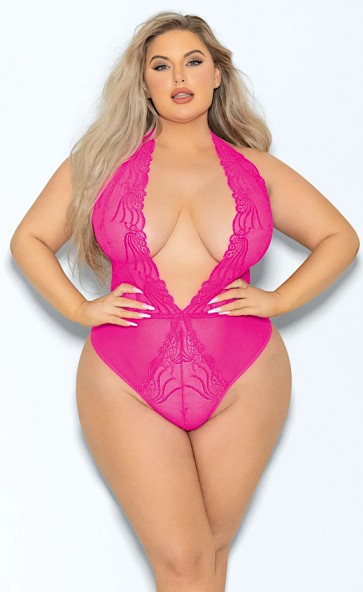 UV Reactive Plunging Lace Embroidery Teddy Plus Size