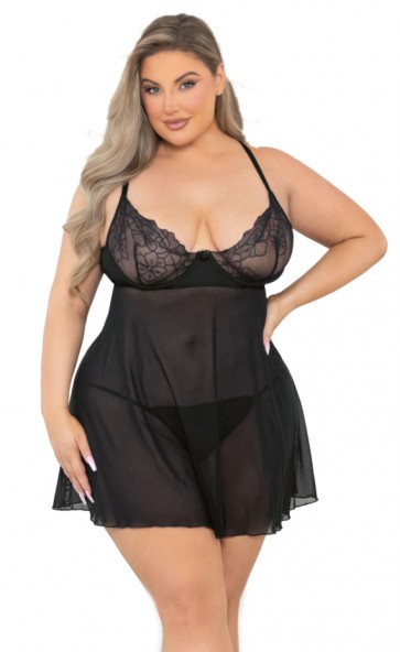 Raised Embroidery Lace Babydoll Plus Size