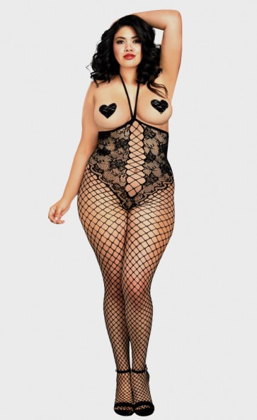 Open Cup Net & Lace Bodystocking Plus Size