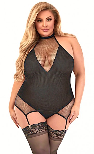 Fiona Plunging Gartered Teddy Plus Size