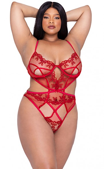 Rouge Bow Strappy Embroidered Teddy Plus Size