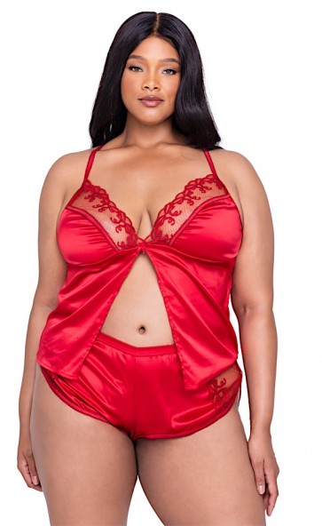 Rouge Bow Satin Embroidered Cami Lounge Set Plus Size