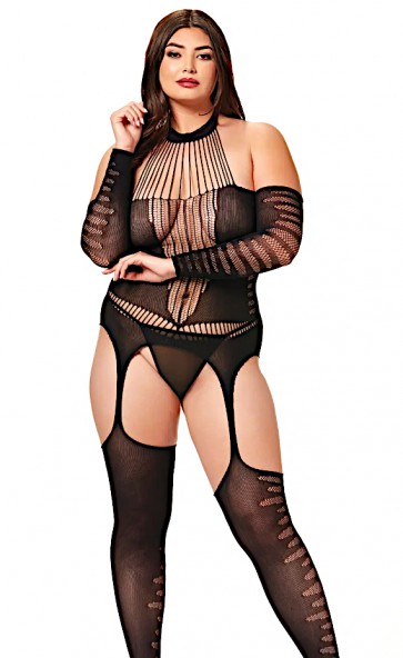 High Neck Halter Bodystocking With Sleeves Plus Size