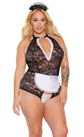 Lace Crotchless Maid Teddy Lingerie Costume Plus Size