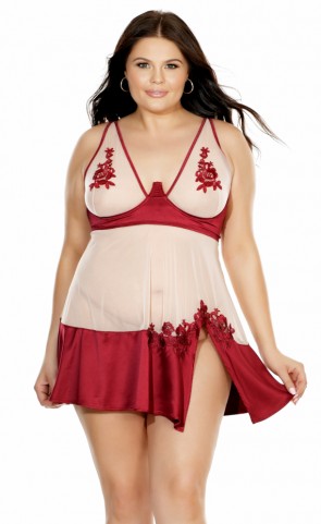 Mesh & Satin Embroidered Babydoll Plus Size 