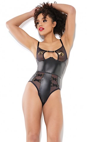 Wet Look & Mesh Crotchless Teddy 