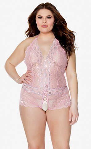 Lace Halter Teddy With Open Crotch Plus Size 
