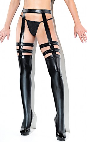 Wet Look Stockings with Attached Garterbelt