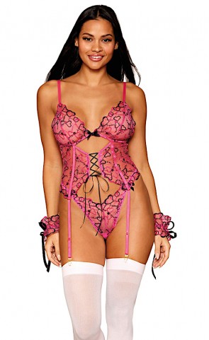 Heart Embroidered Bustier, G-String & Restraints