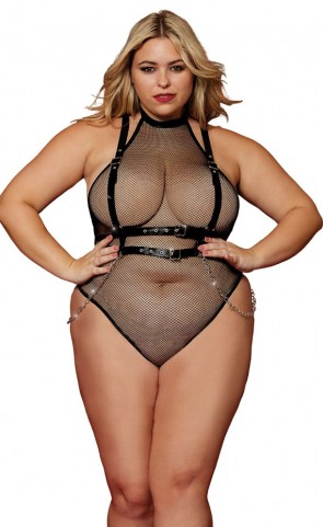 High Neck Fishnet Teddy and Harness Set Plus Size