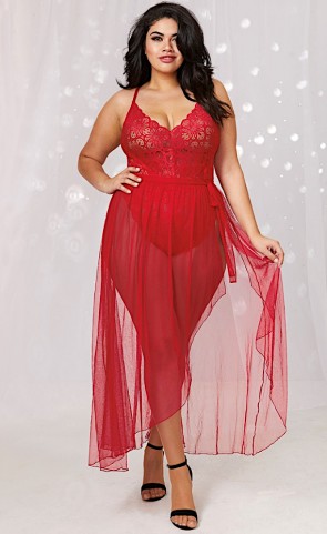 Red Lace Teddy & Sheer Maxi Skirt Plus Size