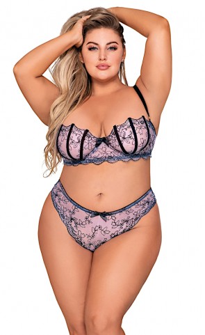 Mesh Embroidery Bra & G-String Plus Size