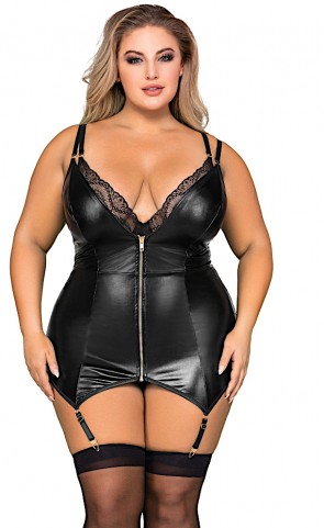Double Layer Garter Slip Teddy with Front Zipper Plus Size