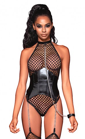 Fence Net Teddy With Faux Leather Corset