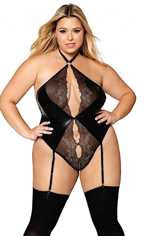 Wet Look And Lace Garter Teddy Plus Size