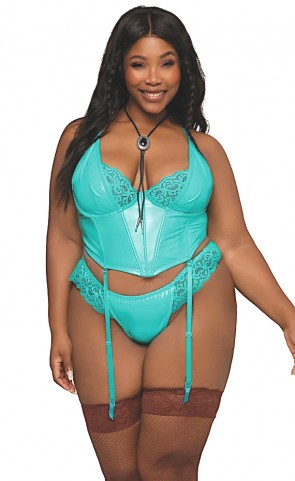 Stretch Vinyl & Lace Bustier and G-String Set Plus Size