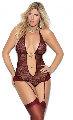Deep Plunge Lace Gartered Teddy Plus Size 