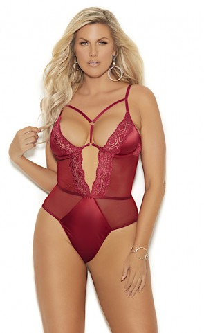 Plunging Satin & Lace Teddy Plus Size  