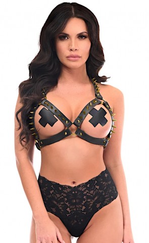 Black Leather Bra Harness With Metallic Spikes 