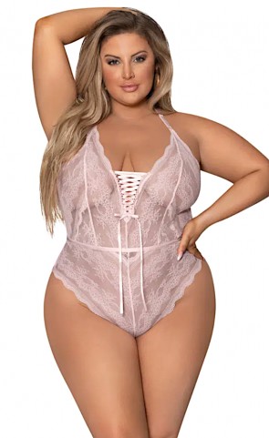 Lace Up Teddy With Snap Crotch Plus Size