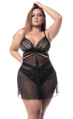 Lace & Mesh Two in One Babydoll & Bra Set Plus Size