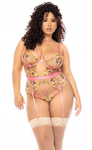 Floral Embroidered Teddy with Underwire Plus Size