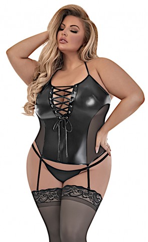 Lace Up Wet Look Merry Widow Set Plus Size