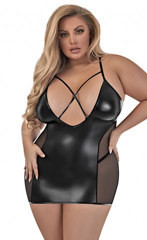 Wet Look & Mesh Plunging Chemise Plus Size