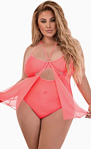 Forever Mesh Crotchless Babydoll Teddy Plus Size