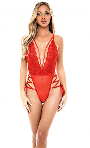 Sloane Deep Plunge Teddy With Lace Up Sides 