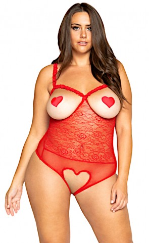 Plunging Lace Up Front Mesh Teddy Plus Size