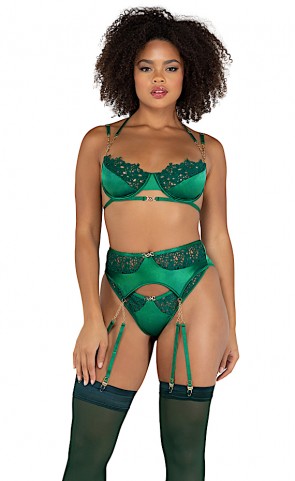 Embroidery Lace & Satin Bra With Garterbelt  