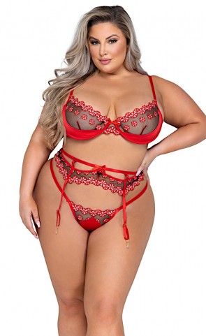 Sweet & Sticky Mesh Embroidered Bra Set Plus Size