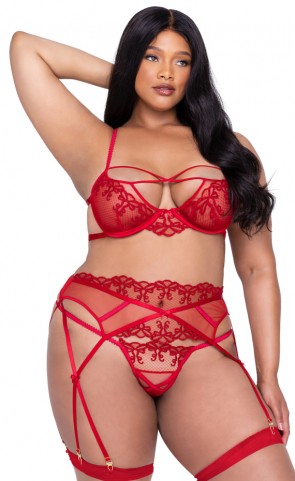 Rouge Bow Embroidered Bra & Garterbelt Plus Size