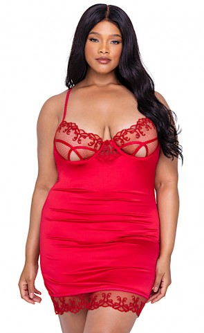 Rouge Bow Satin & Mesh Embroidered Chemise Plus Size