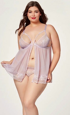 Sheer Mesh & Lace Demi Cup Babydoll & Thong Plus Size