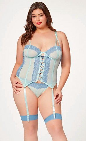 Mesh Bustier With Lace Up Front & Thong Plus Size