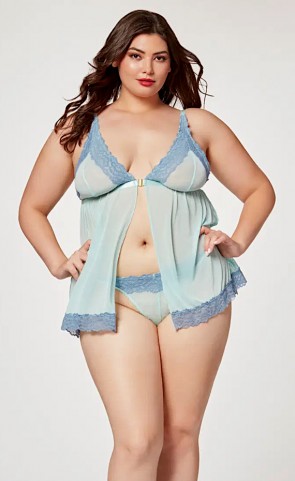 Lace & Mesh Fly Away Front Babydoll Set Plus Size