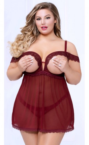 Lace & Mesh Open Cup Babydoll Plus Size